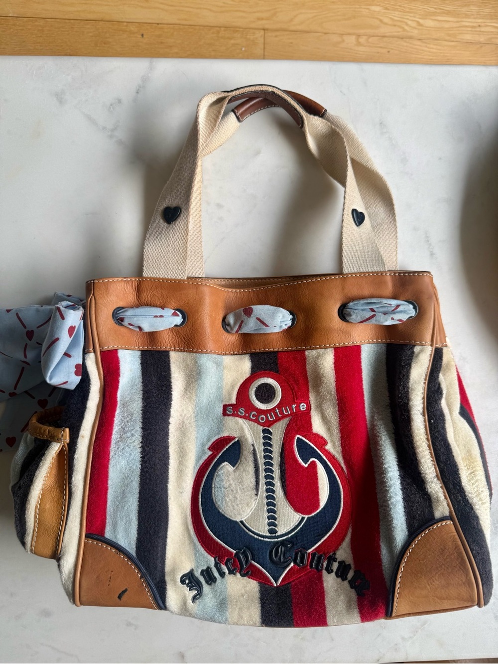 Rare Vintage Juicy Couture Striped Anchor Tote Bag in Red, Navy & Cream